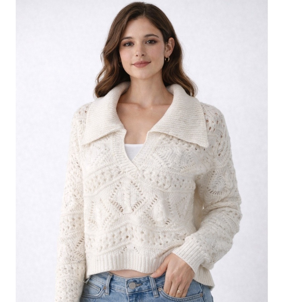 POL Pointelle Knit Sweater Women M Ivory Excellent Boho Cottagecore PST262